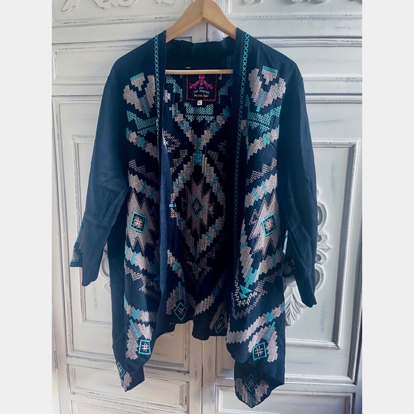 NWOT Johnny Was Linen Embroidered Aztec Kimono Black, Tan & Aqua - Picture 14 of 15